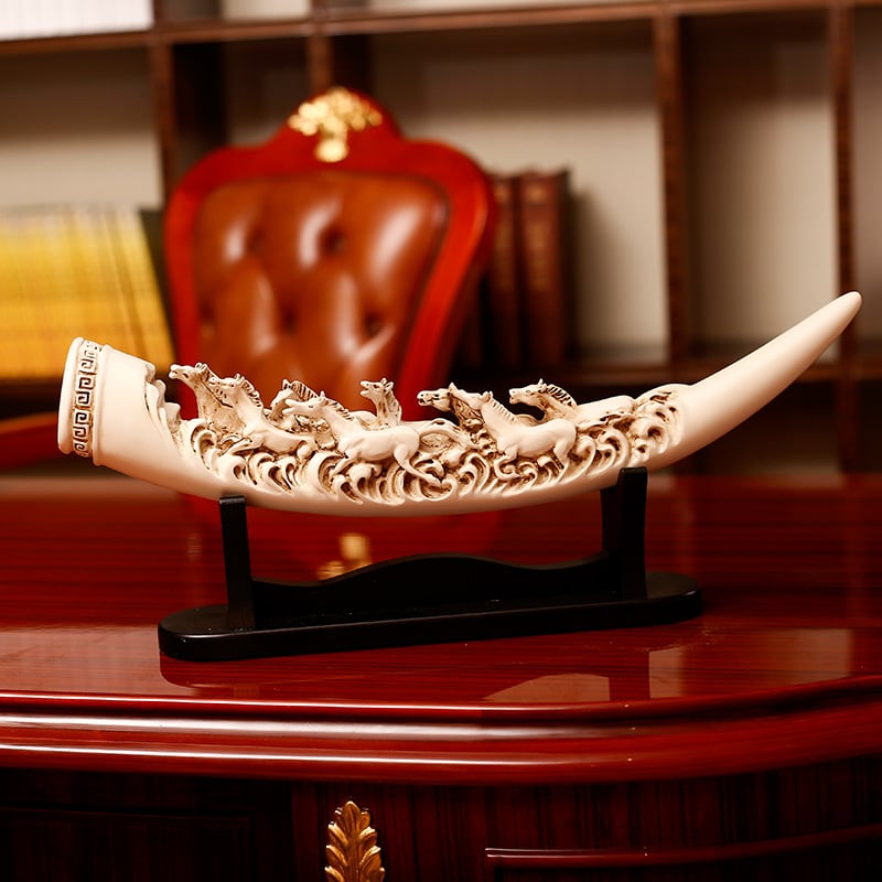 Eight Running Horses Carved In Tusk | Feng Shui Table Accent
