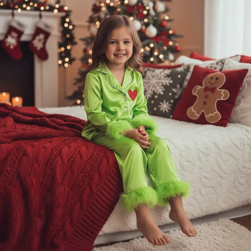 Holiday Matching Family Pajamas 🌲💝 Green Satin Silk Button-Down Shirts