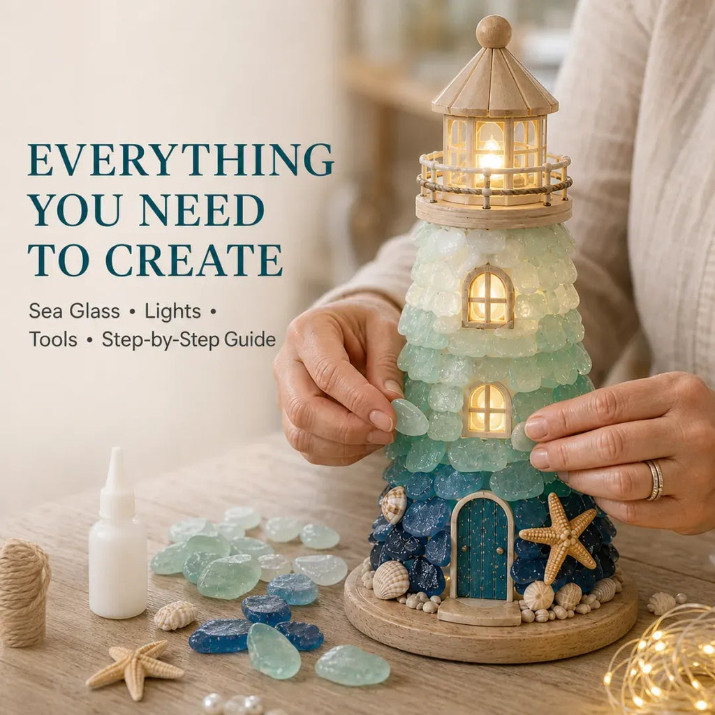 💥  💙 DIY Sea Glass Lighthouse Kit – Light-Up Coastal Craft & Handmade Home Decor