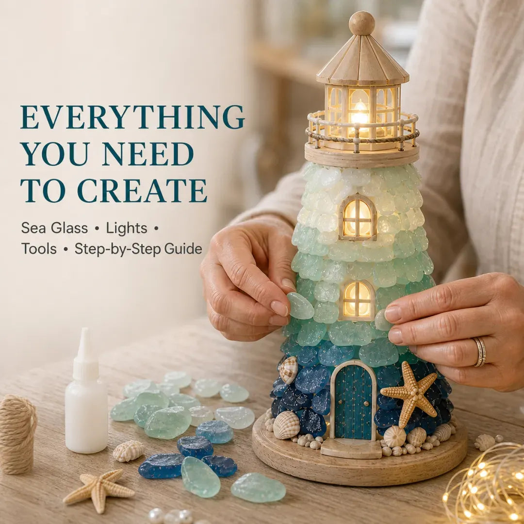 💥  💙 DIY Sea Glass Lighthouse Kit – Light-Up Coastal Craft & Handmade Home Decor