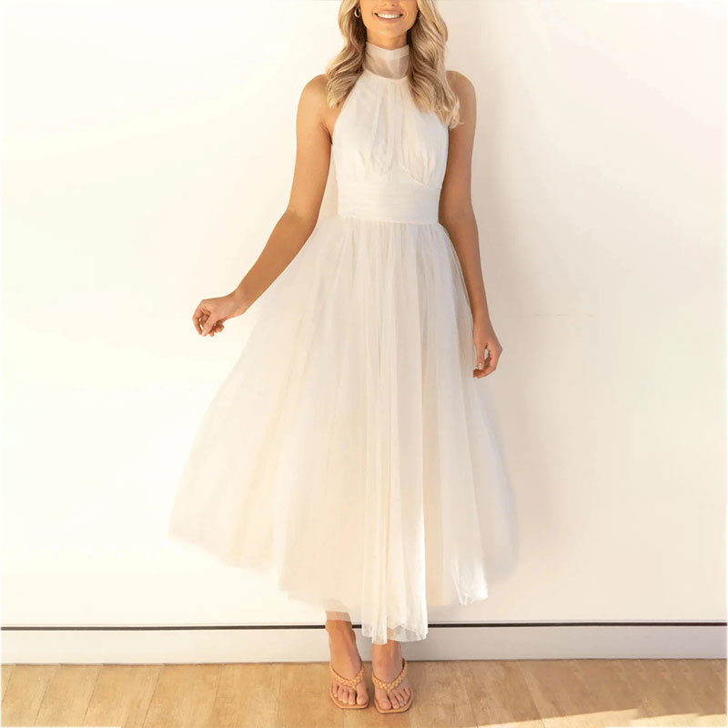 🎁⏳Halter Sleeveless Solid Color Mesh High Neck Dress