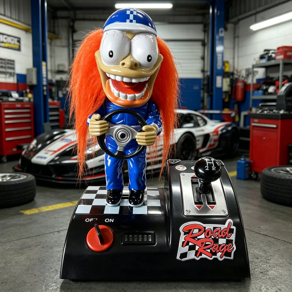 🏁Vintage Gemmy Road Rage Racer Toy | Animated Figure with Light & Sound | Gear-Activated Movement | Orange Hair & Suit