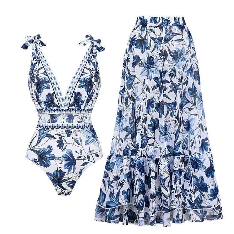 V Neck Lace Up Strip Plant Prints One Piece Swimsuit and Skirt/Sarong