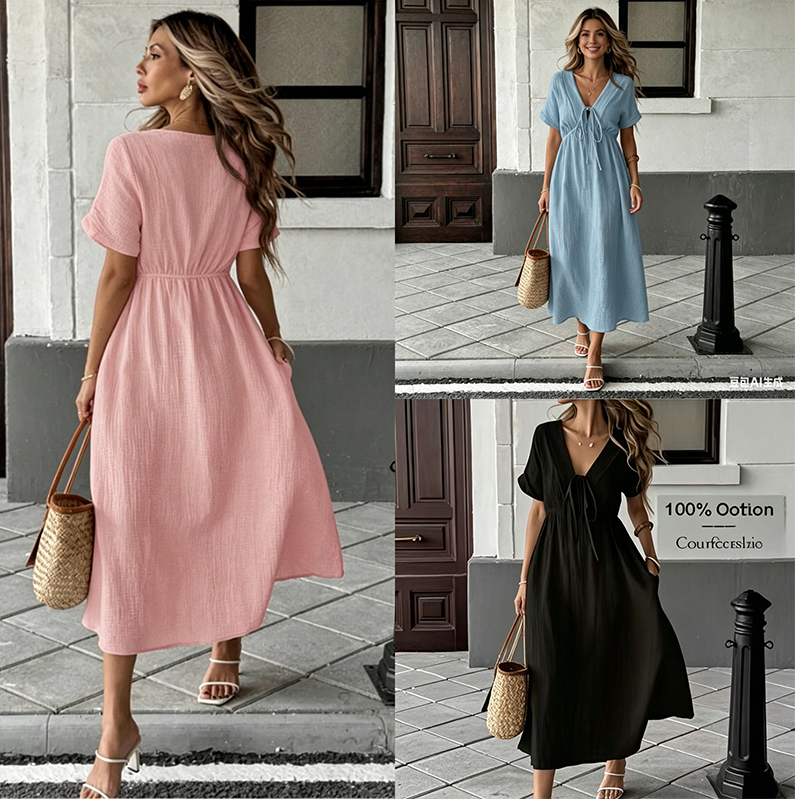 📢📢⏰Women's Summer V-Neck Tie-Front Midi Dress