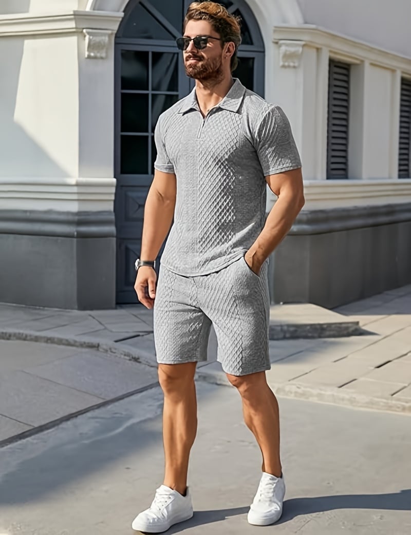 ☀️👕🩳Men's Jacquard Polo Shirt & Shorts Set – Stylish Comfort for Summer!