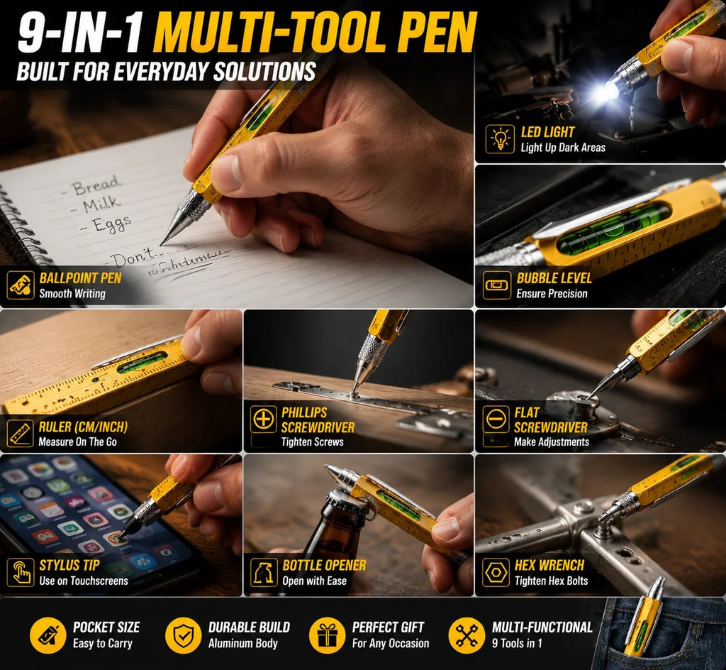 🎉🖊️ 9-in-1 Multi-Tool Pen – LED Light, Screwdriver, Ruler & Stylus | Pocket EDC Gadget for Everyday Fixes