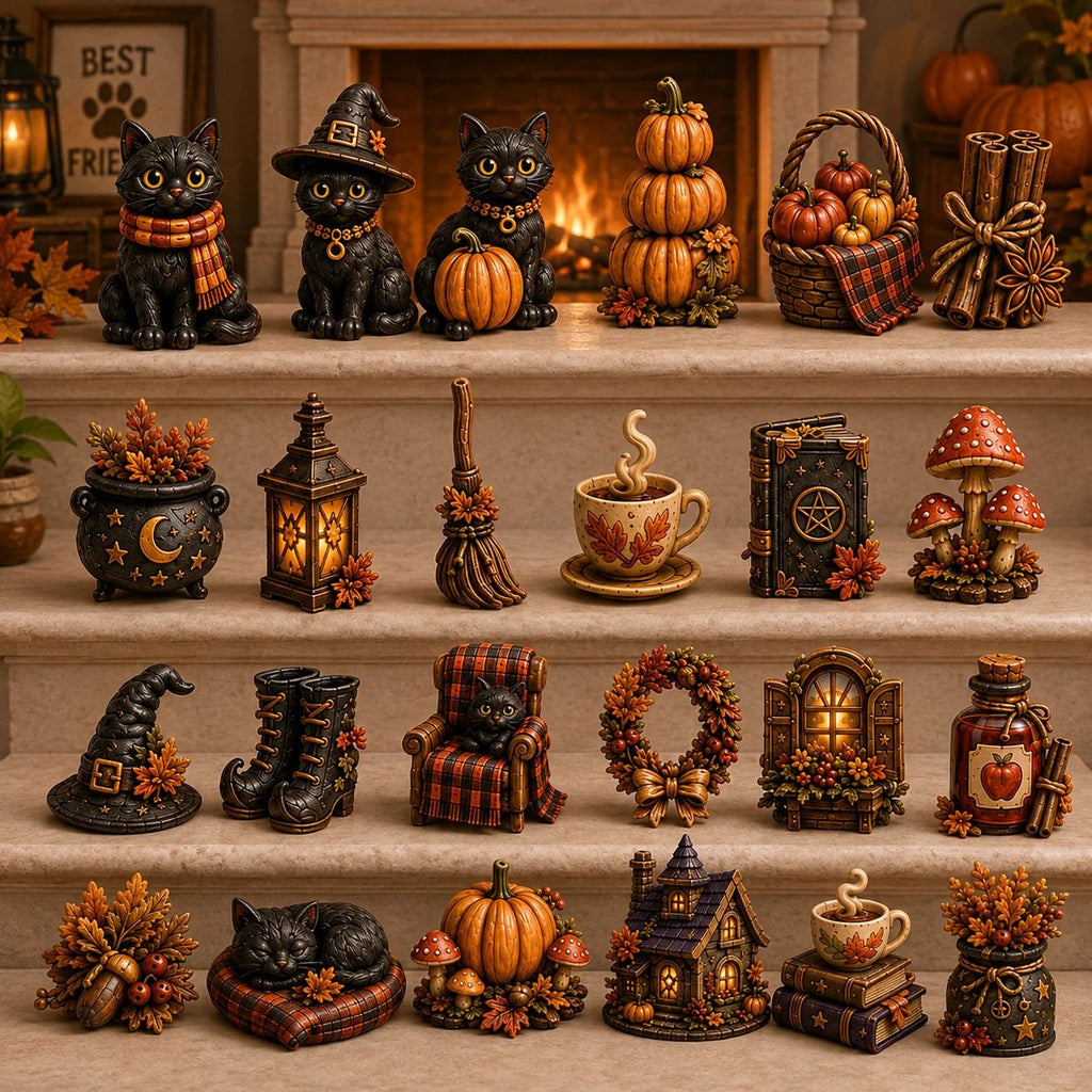 24 Cozy Witchy Miniatures, Black Cat Collectibles & Magical Fall Cottage Surprises, Acrylic Charms Blind Box