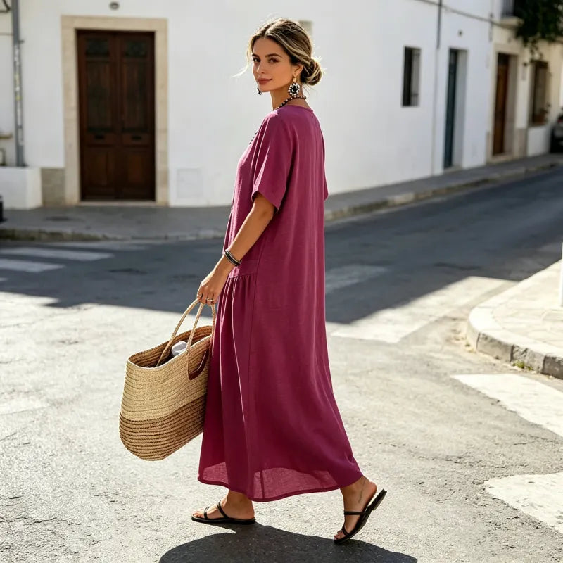 Women's Button-Front Short Sleeve Maxi Dress