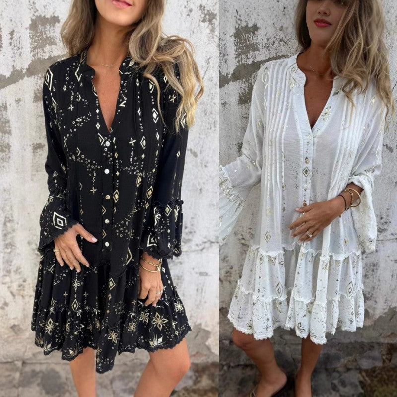 💖Women's Geometric Print Comfortable V-Neck Midi-Dress