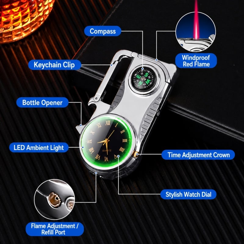 🔥HOT SALE🔥Multifunctional lighter with watch🔥 — — Watch/compass/keychain/bottle opener/cool lamp in one