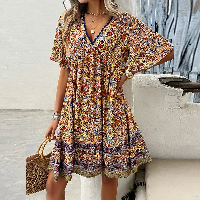 👗Women’s Flower Print V Neck Short Sleeve Mini Dress