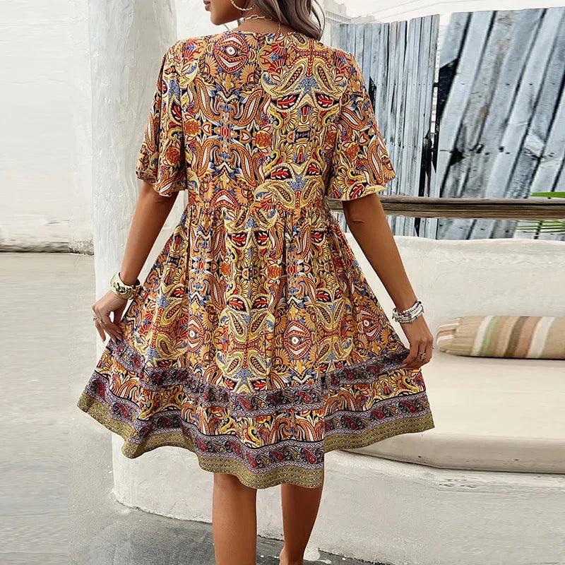 👗Women’s Flower Print V Neck Short Sleeve Mini Dress