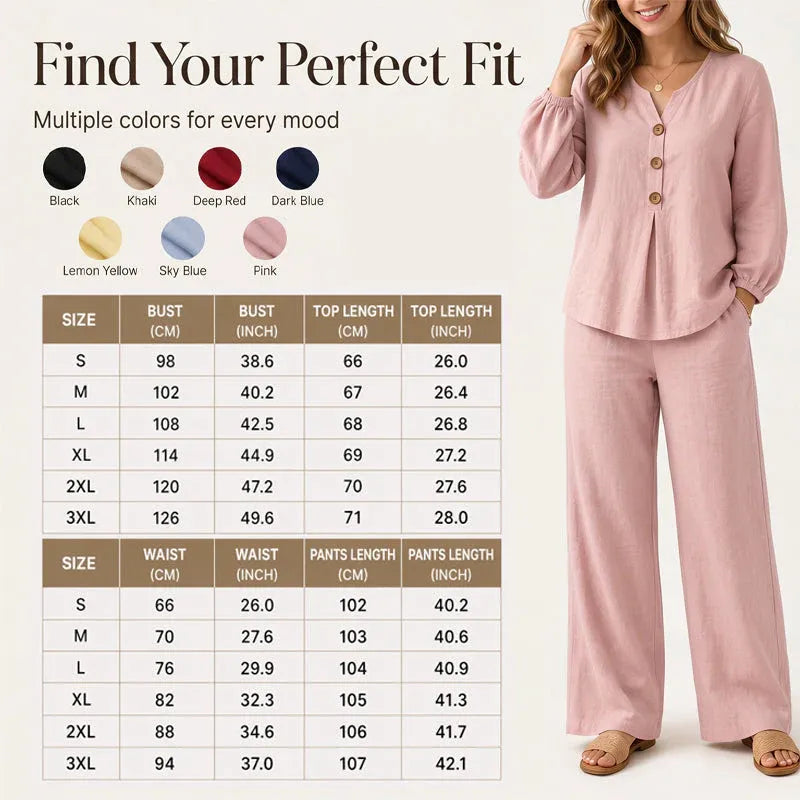 🌿Women's Cotton-Linen V-Neck Long Sleeve Top & Pants Set