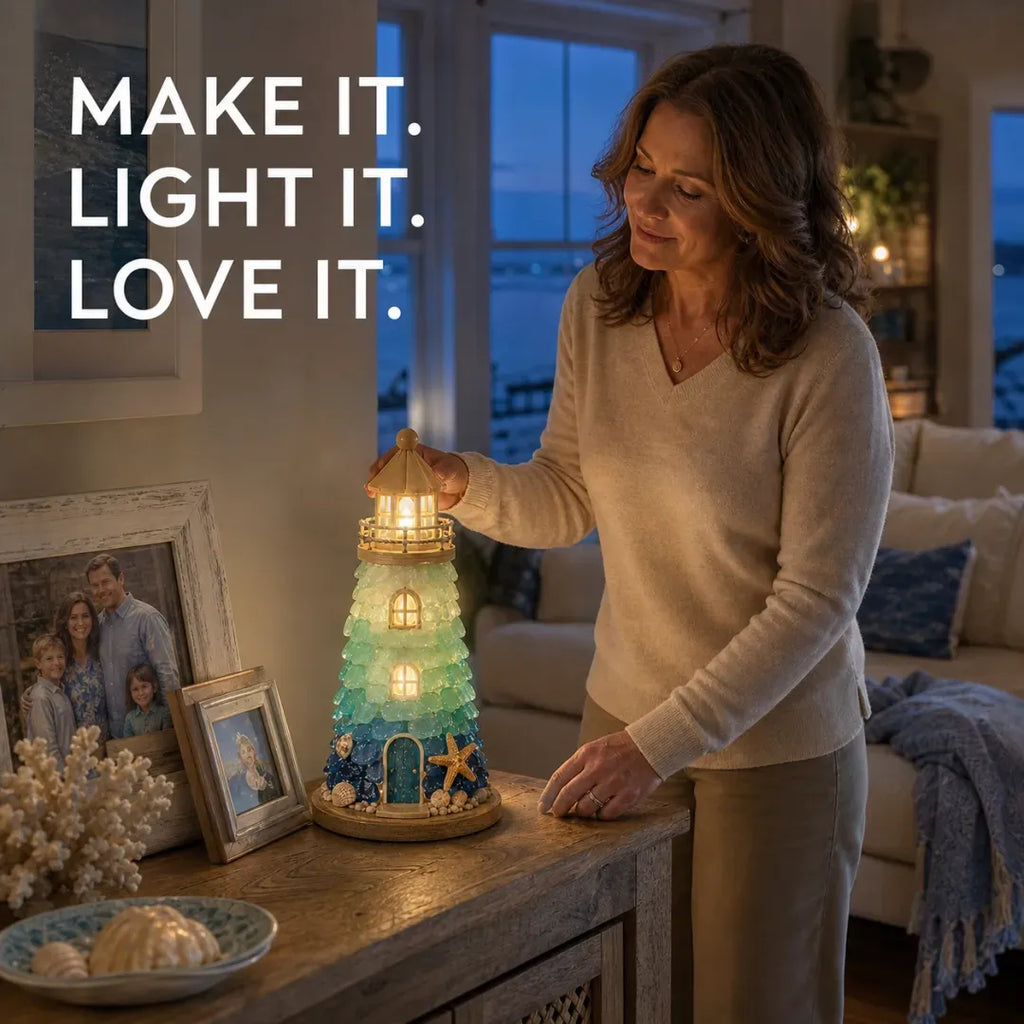 💥  💙 DIY Sea Glass Lighthouse Kit – Light-Up Coastal Craft & Handmade Home Decor