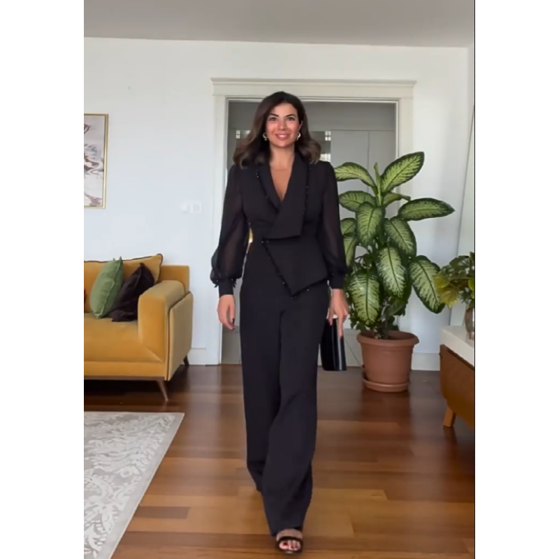 Elegant Black Beaded Wide-Leg Jumpsuit