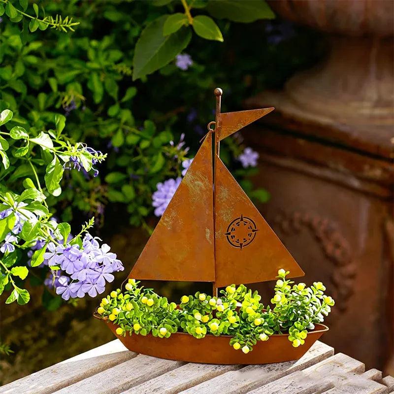 🌱  Rustic Sailboat Metal Planter - Handcrafted, weather-resistant & perfect for succulents, herbs or flowers – charming garden or shelf decor 🏡