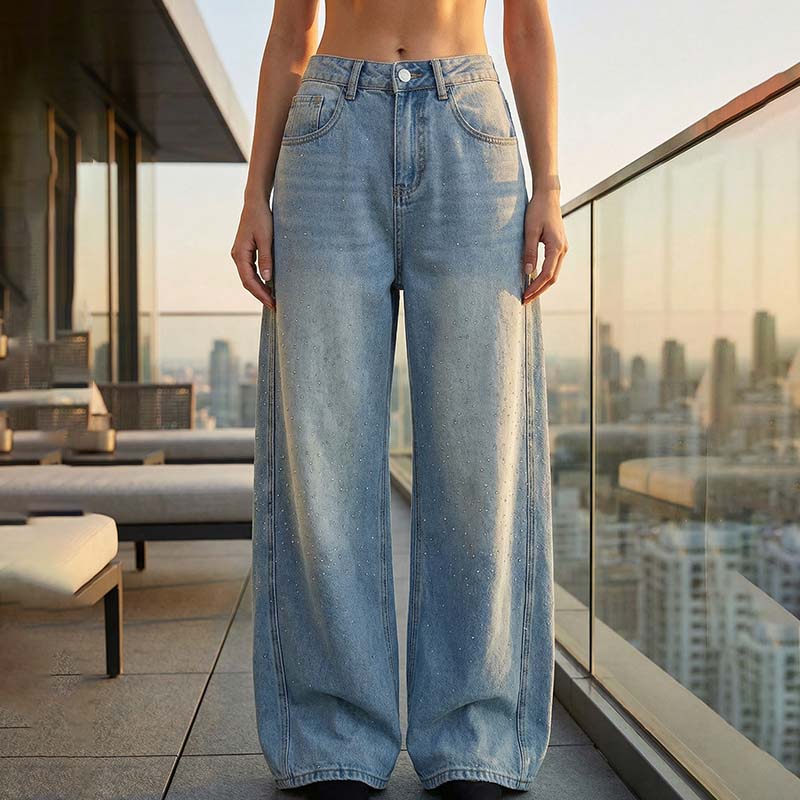 📢⏰Rhinestone Embellished Wide-Leg Denim Jeans