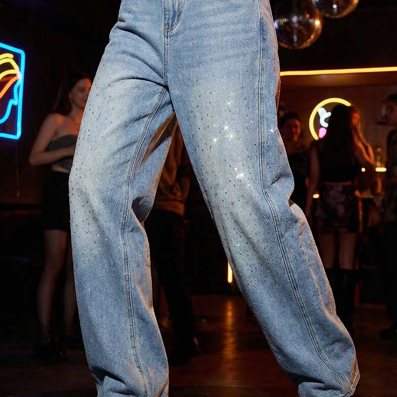 📢⏰Rhinestone Embellished Wide-Leg Denim Jeans