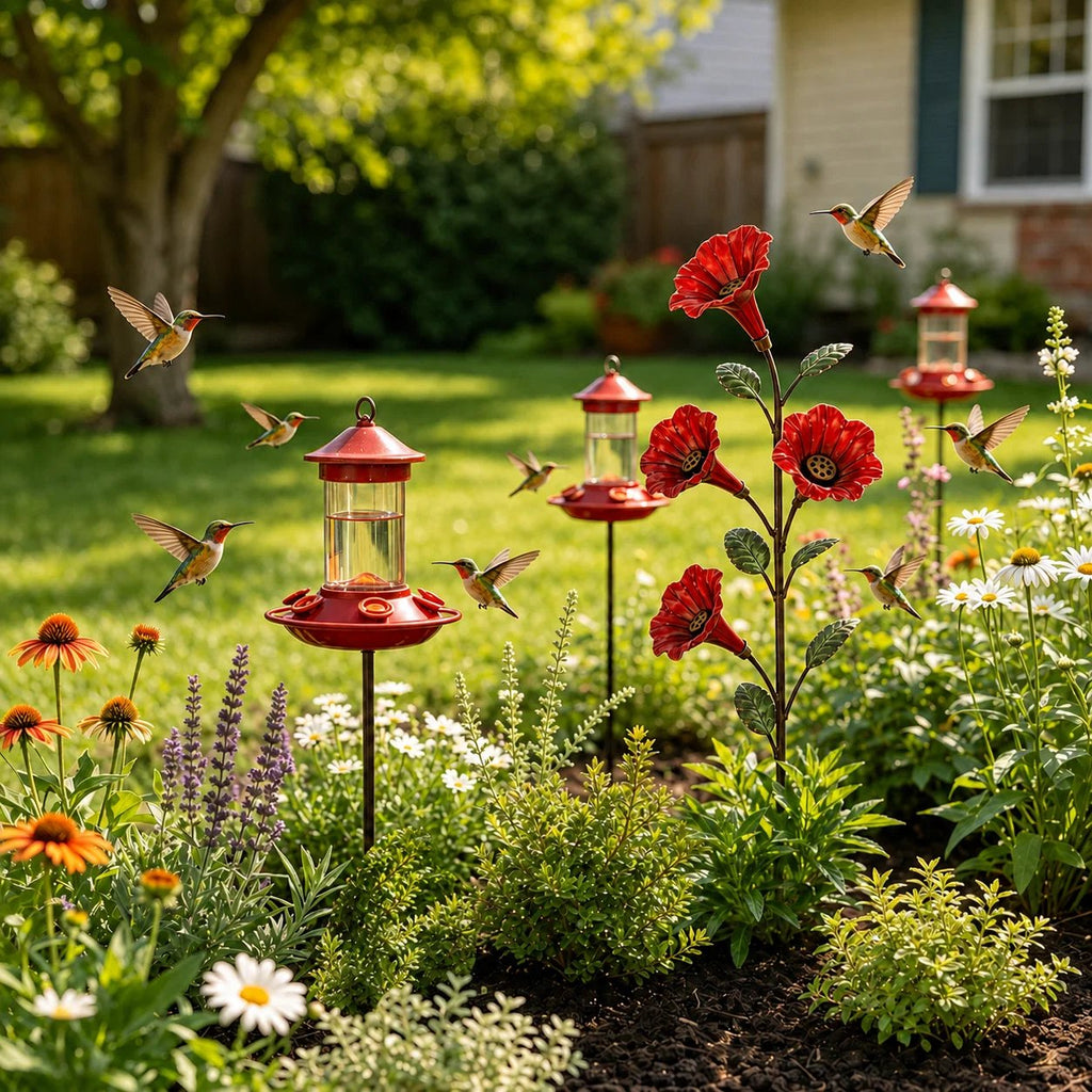 🎉✨ Vintage Red Flower Hummingbird Feeder Garden Stake