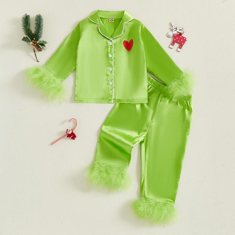 Holiday Matching Family Pajamas 🌲💝 Green Satin Silk Button-Down Shirts