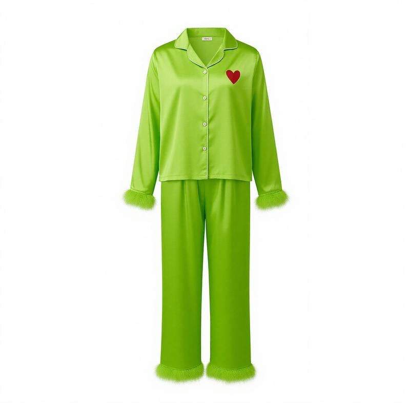 Holiday Matching Family Pajamas 🌲💝 Green Satin Silk Button-Down Shirts