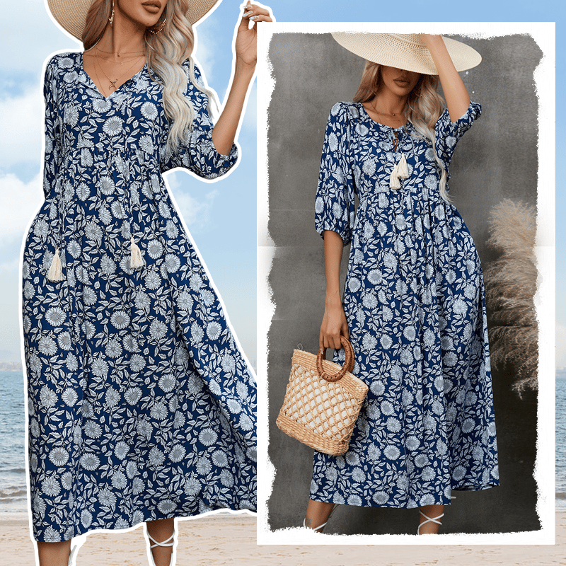 🌸Women's elegant long dress with floral print and V-neck