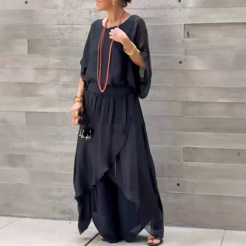 🌹Loose Top & Slit Wide-Leg Pants Chiffon 2-Piece Set