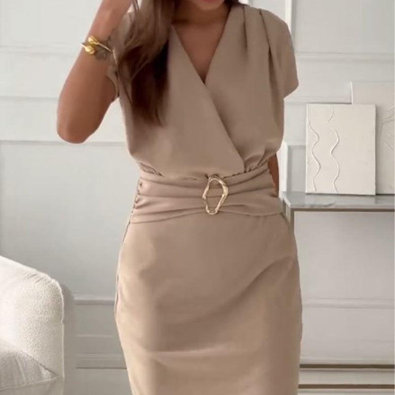 ❤️V-Neck Short Sleeve Short Dress with Cinched Waist