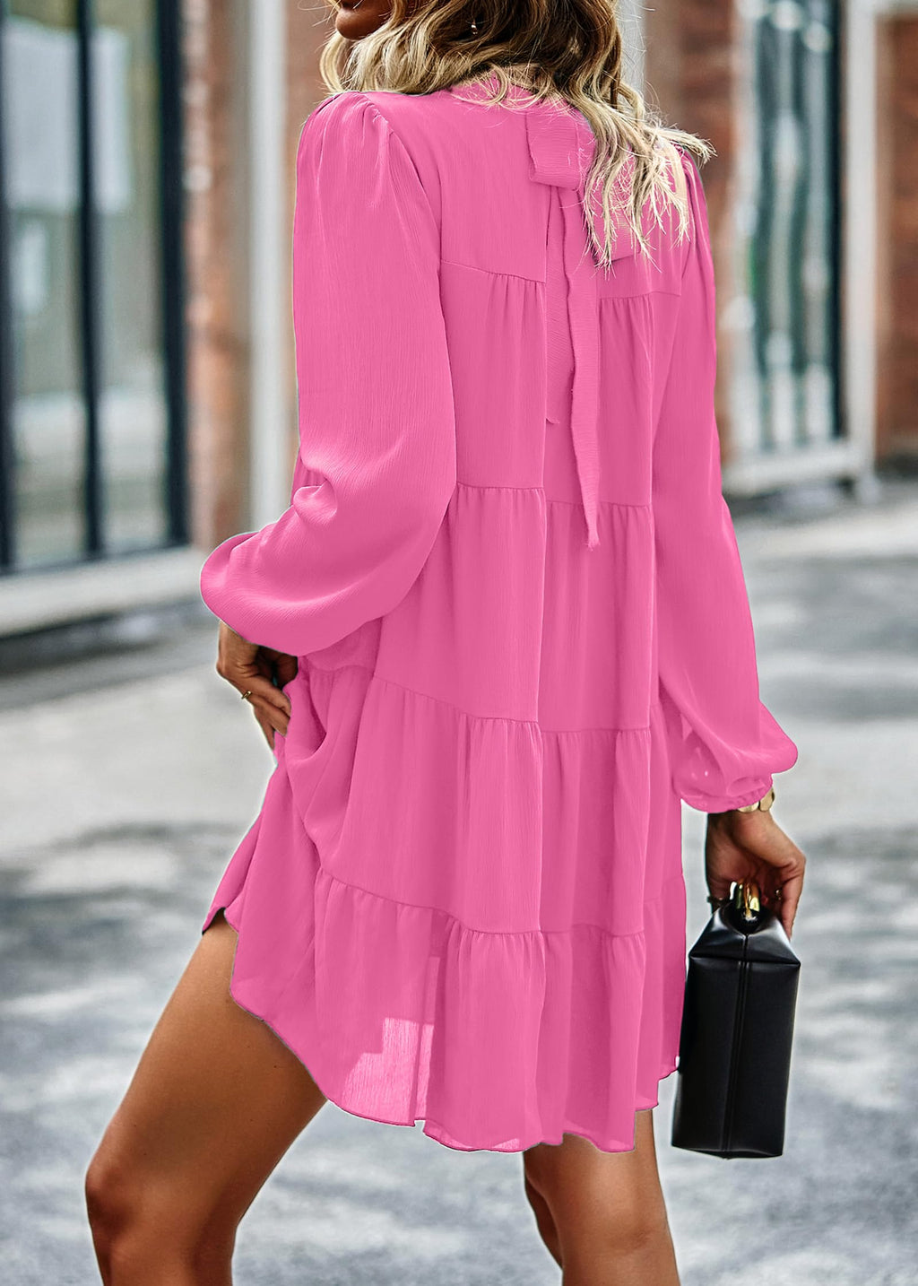 Womens Casual Long Sleeve Mock Neck Ruffle Tiered Babydoll Dress