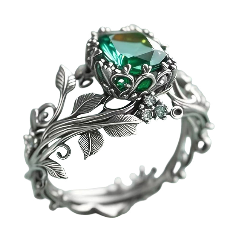 💥Green Synthetic Crystal Ring with Intricate Leaf