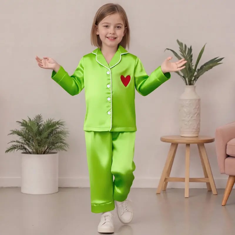 Holiday Matching Family Pajamas 🌲💝 Green Satin Silk Button-Down Shirts