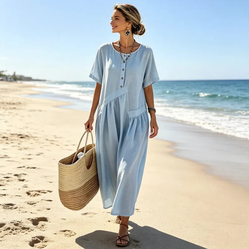 Women's Button-Front Short Sleeve Maxi Dress