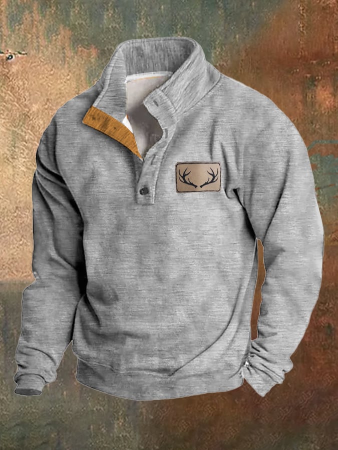 Fleece Vintage Western Antler Hunting Enthusiast Stand Collar Sweatshirt
