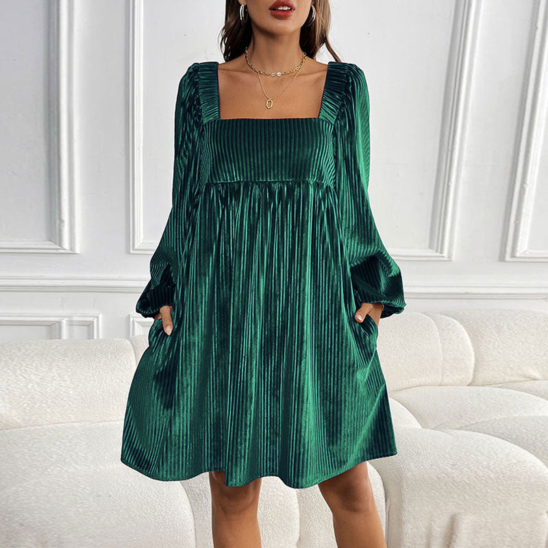 🎄Women's Square Neck Velvet Babydoll Dresses with Tie-Back