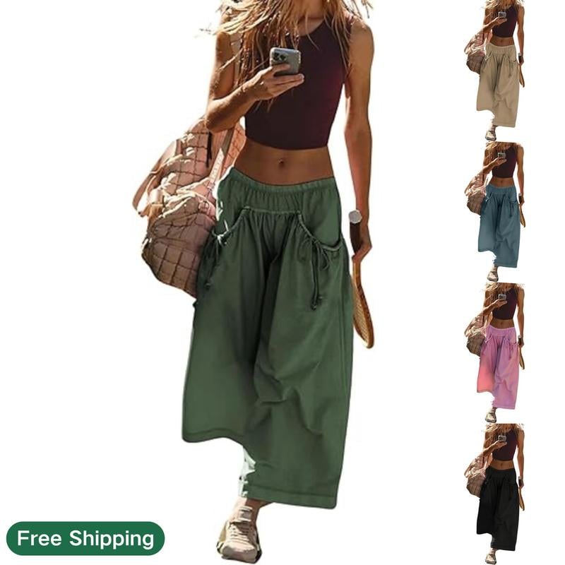 📣Today's big price cut - 49%🎁Women's Loose Wide Leg Track Pants Boho Style Drawstring Pockets Elastic Waist Capri Hiking Parachute Pants