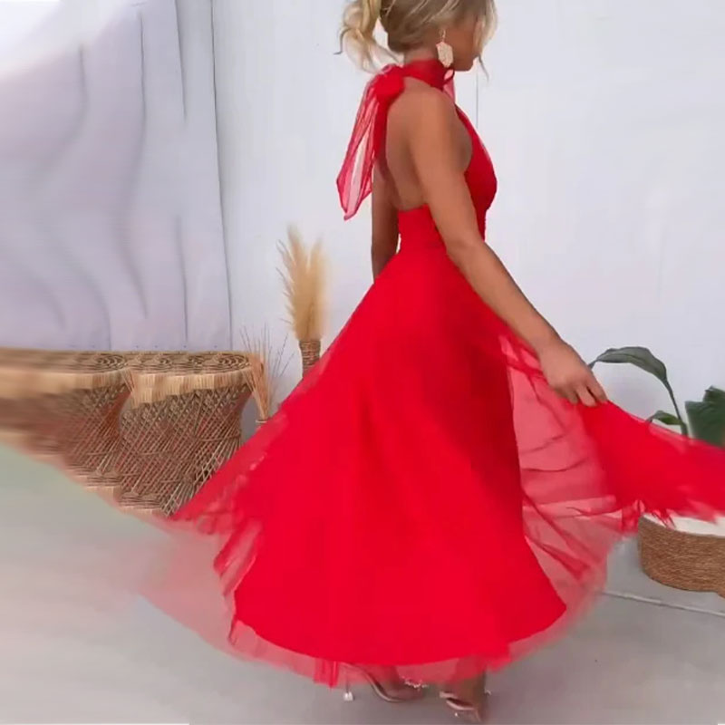 🎁⏳Halter Sleeveless Solid Color Mesh High Neck Dress