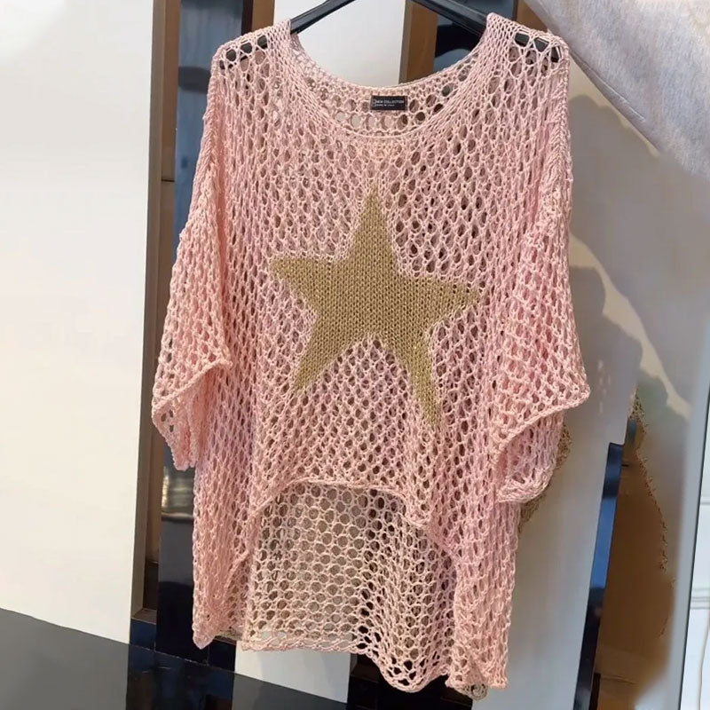 💝Women's Round Neck Crochet Knit Fishnet Top