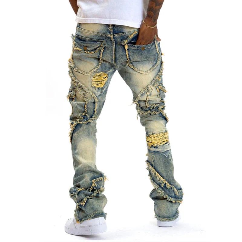 ✂️ Men's Deconstructed Frayed Flare Jeans – Vintage Wash & Stretch Cotton – Bold Streetwear