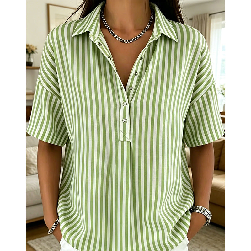 ✨ Women's Striped Short-Sleeve Shirt – Relaxed Fit, V Neck, 9 Colors 🍂
