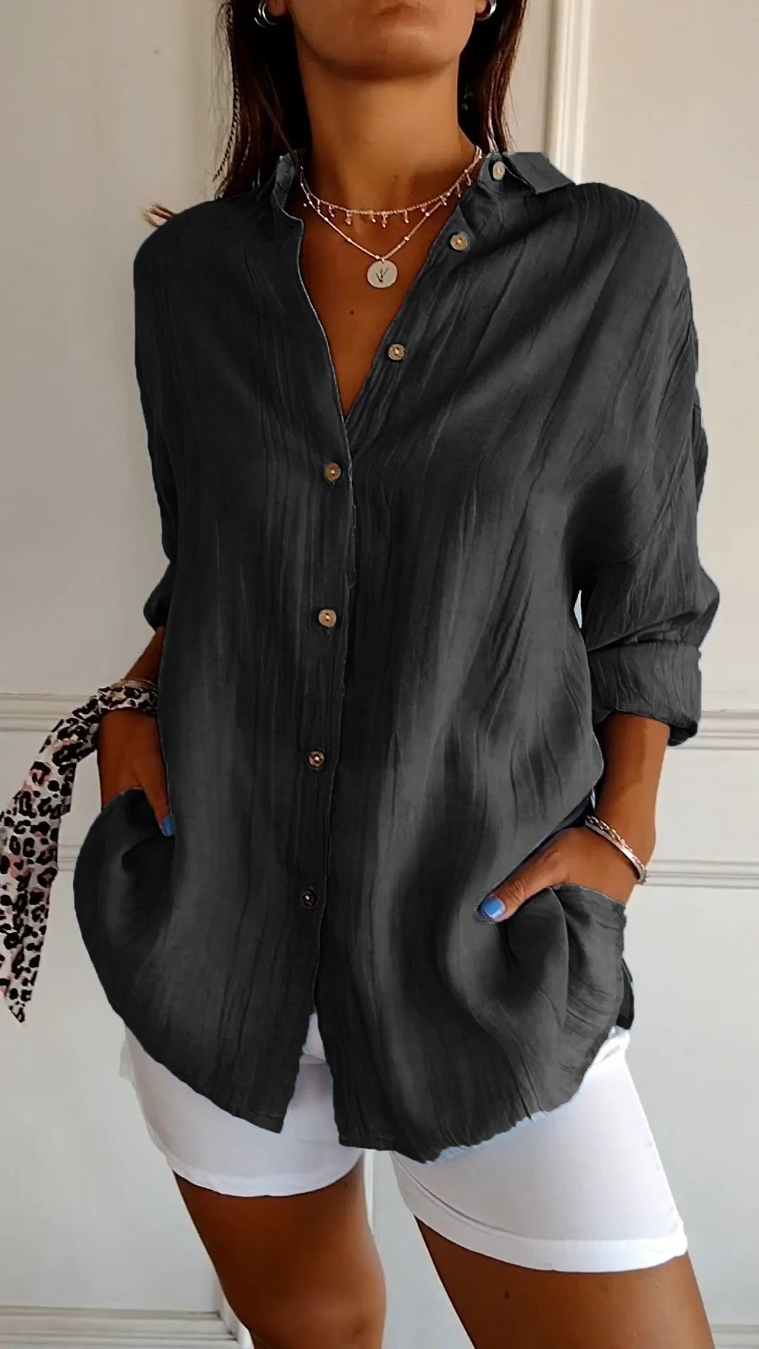 ✨Women's Cotton and Linen Casual Single-Breasted Pleated Lapel Shirt