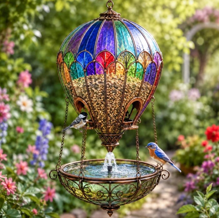 🎉Stained Glass Hot Air Balloon Bird Feeder Fountain