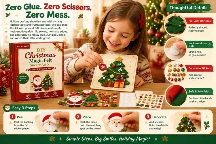 🎄 DIY Christmas Magic Felt Sticker Art Kit – Peel, Stick & Create