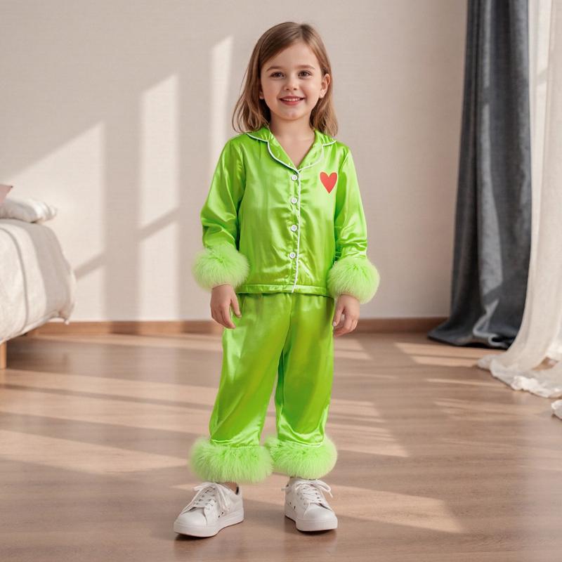 Holiday Matching Family Pajamas 🌲💝 Green Satin Silk Button-Down Shirts