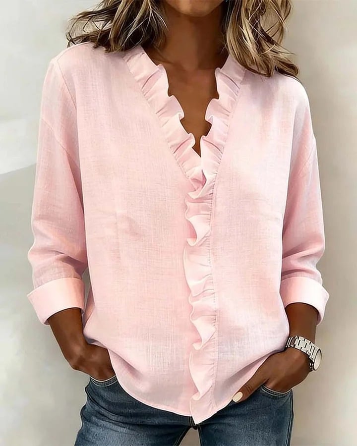 ruffle-v-neck-long-sleeve-blouse