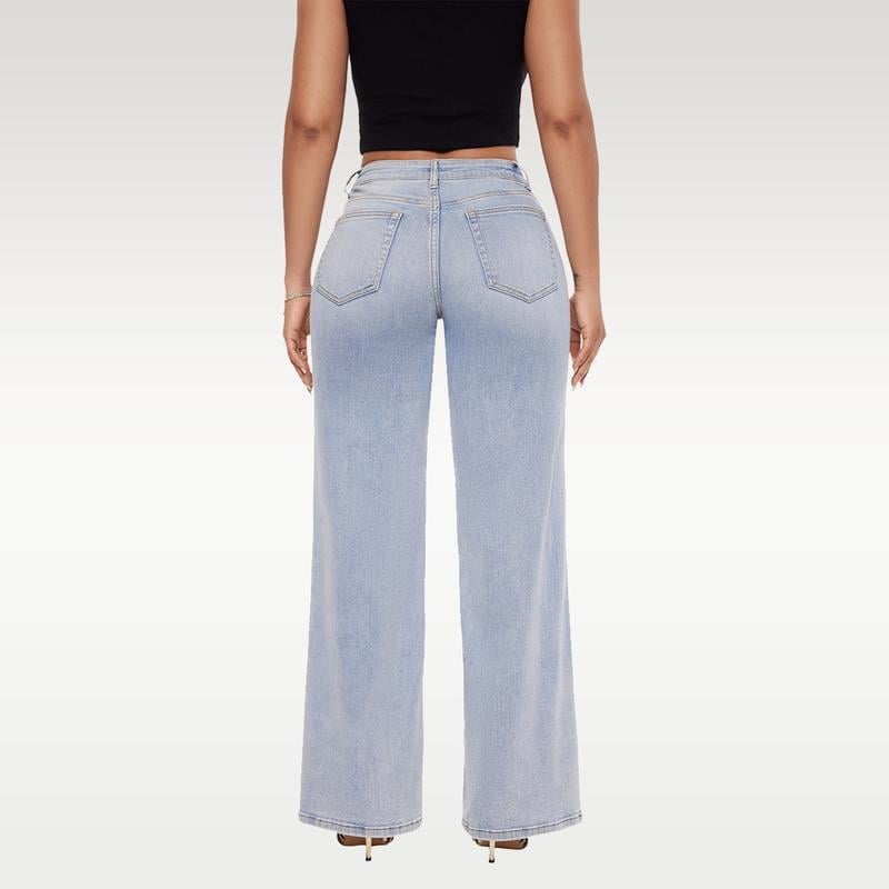 New Mid-Low Rise Tummy Control Curve-Hugging Plus Size Stretch Distressed Wide-Leg Jeans
