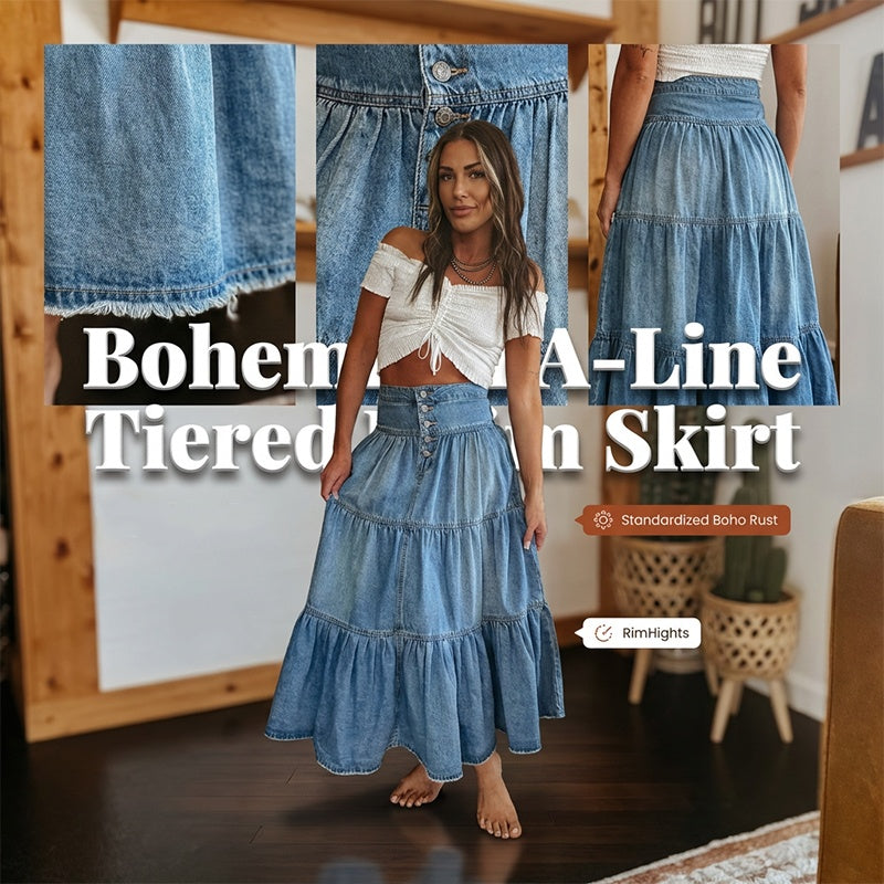 👗 ✨ Denim Maxi Skirt – High Waist, Tiered, A-Line, Button Front ✨
