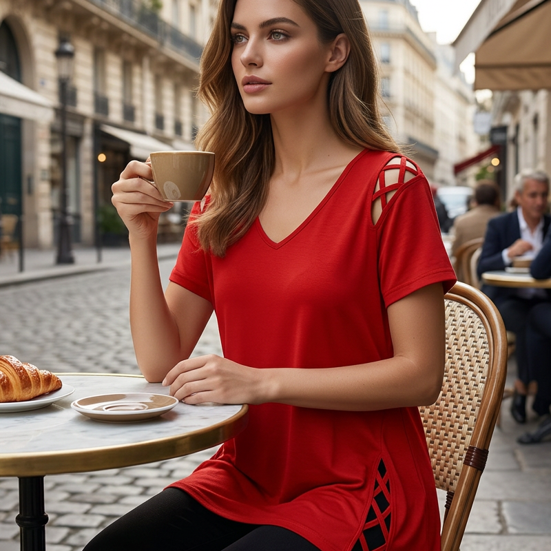Women’s Solid Color Lattice Detail Tunic Top