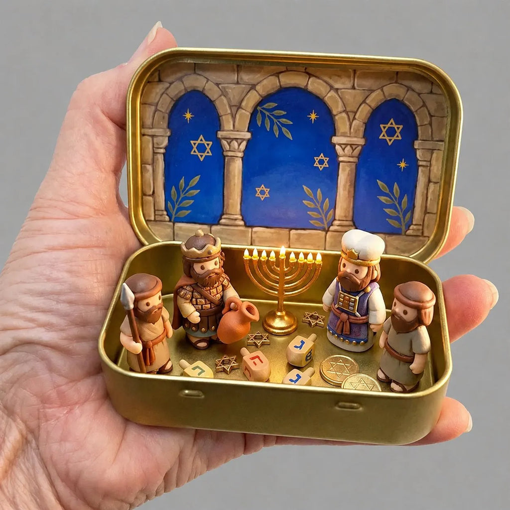 🔥HOT SALE🔥Council by Candlelight - A Miniature Hanukkah Menorah Diorama in a Golden Keepsake Tin