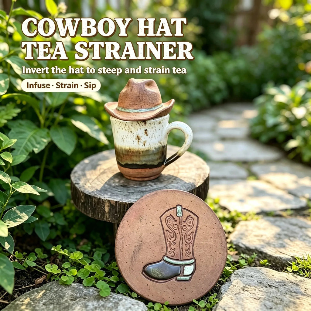 🎉| Western Handmade Cup with Hat Tea Strainer & Cowboy Boot Coaster, Rustic Farmhouse Gift