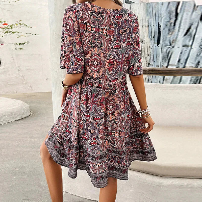 👗Women’s Flower Print V Neck Short Sleeve Mini Dress